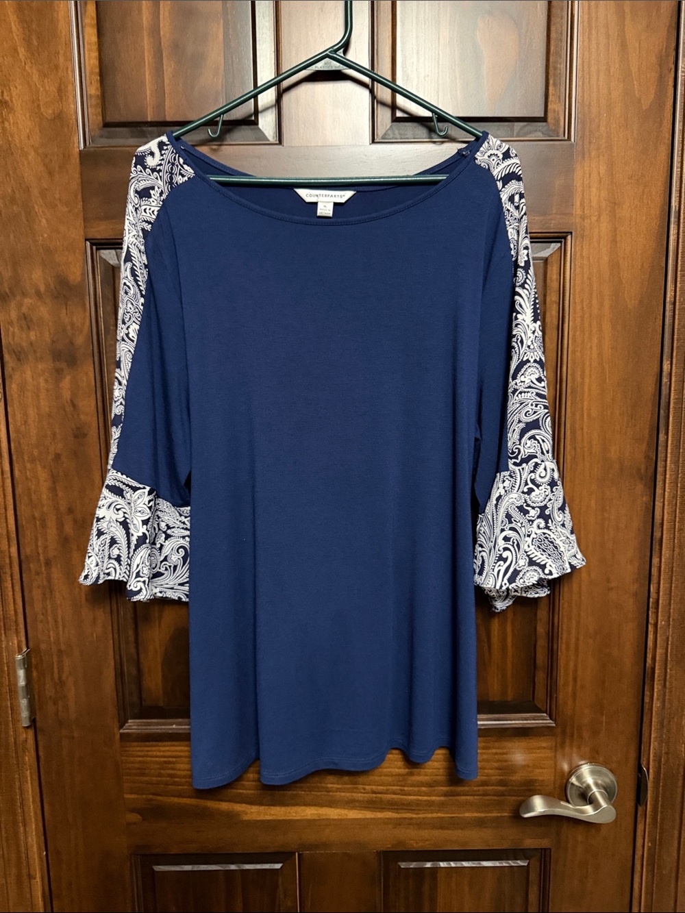 Counterparts Navy Top with White Paisley Sleeve Panels